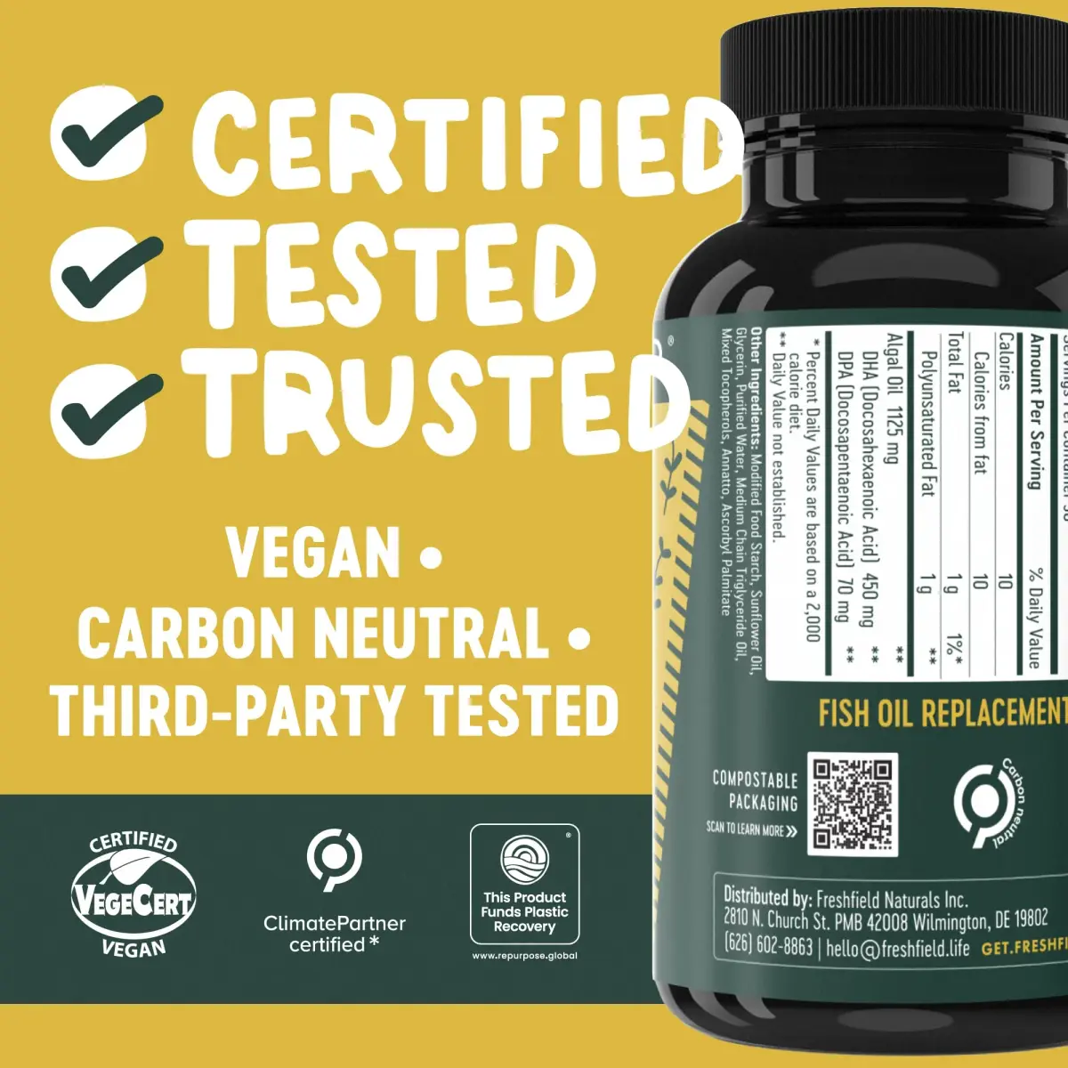 Freshfield Vegan Omega 3 Algae Oil Softgels 180 Count (500 mg Algae Oil) | Plant-Based DHA & DPA Supplement for Heart, Brain, Joint Health - view 4
