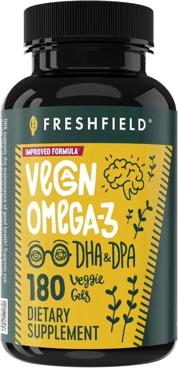 Freshfield Vegan Omega 3 Algae Oil Softgels 180 Count (500 mg Algae Oil) | Plant-Based DHA & DPA Supplement for Heart, Brain, Joint Health - main product image