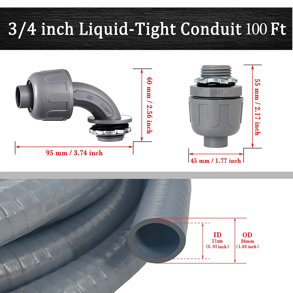 Wocloer 3/4 inch 100Ft Liquid-Tight Conduit Kit | Flexible Non Metallic Electrical Conduit with Fittings - view 2