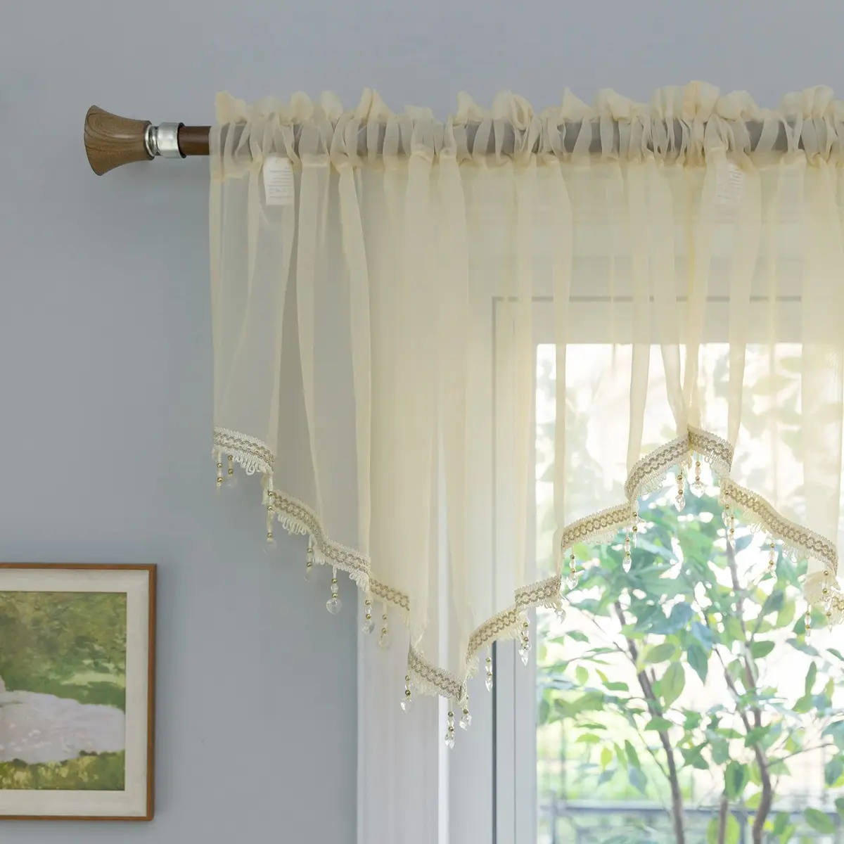 PearAge Beaded Sheer Valance Curtains 51x24 Inches | Bead Trim Tassel Voile Sheer Curtain for Living Room & Bedroom - main product image