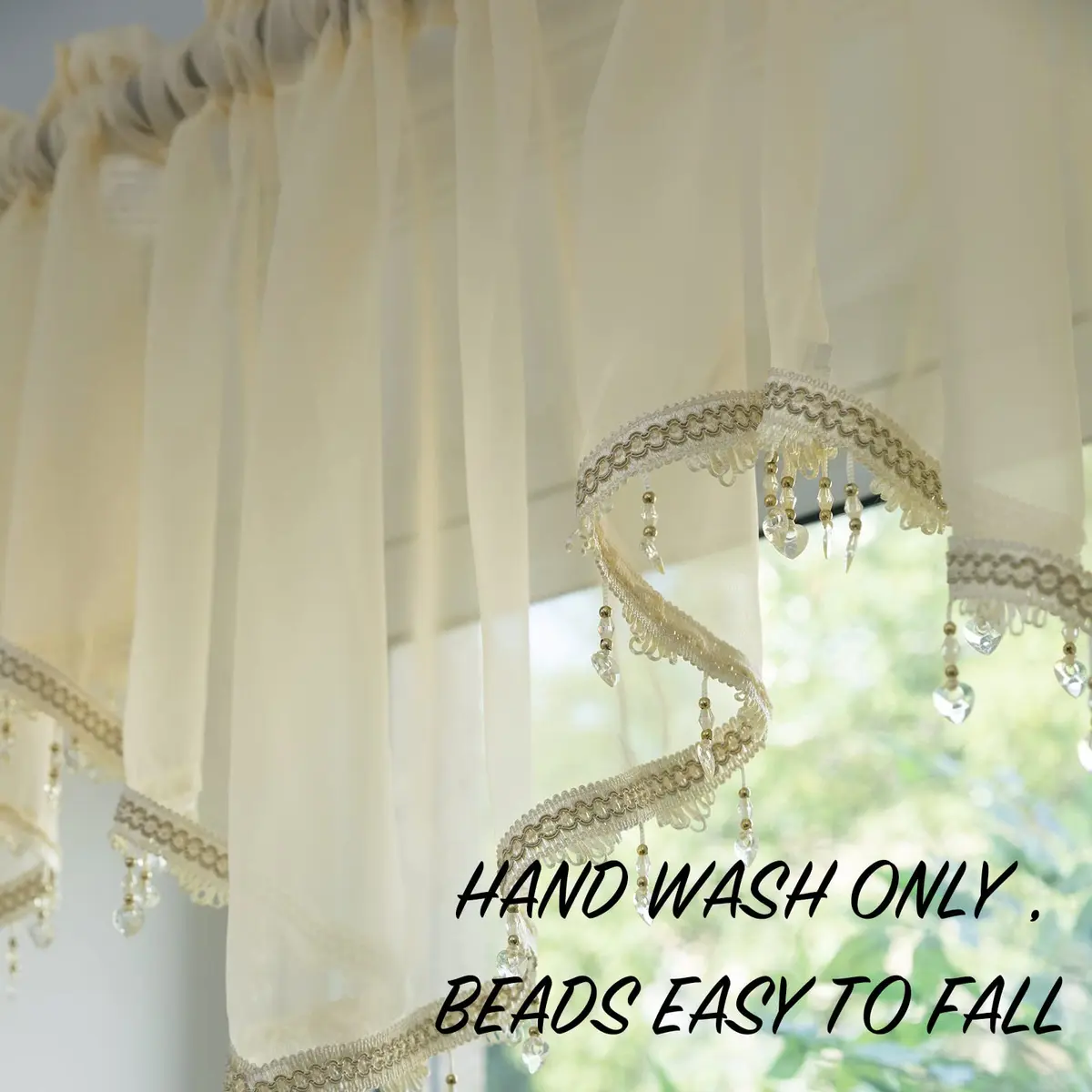 PearAge Beaded Sheer Valance Curtains 51x24 Inches | Bead Trim Tassel Voile Sheer Curtain for Living Room & Bedroom - view 5