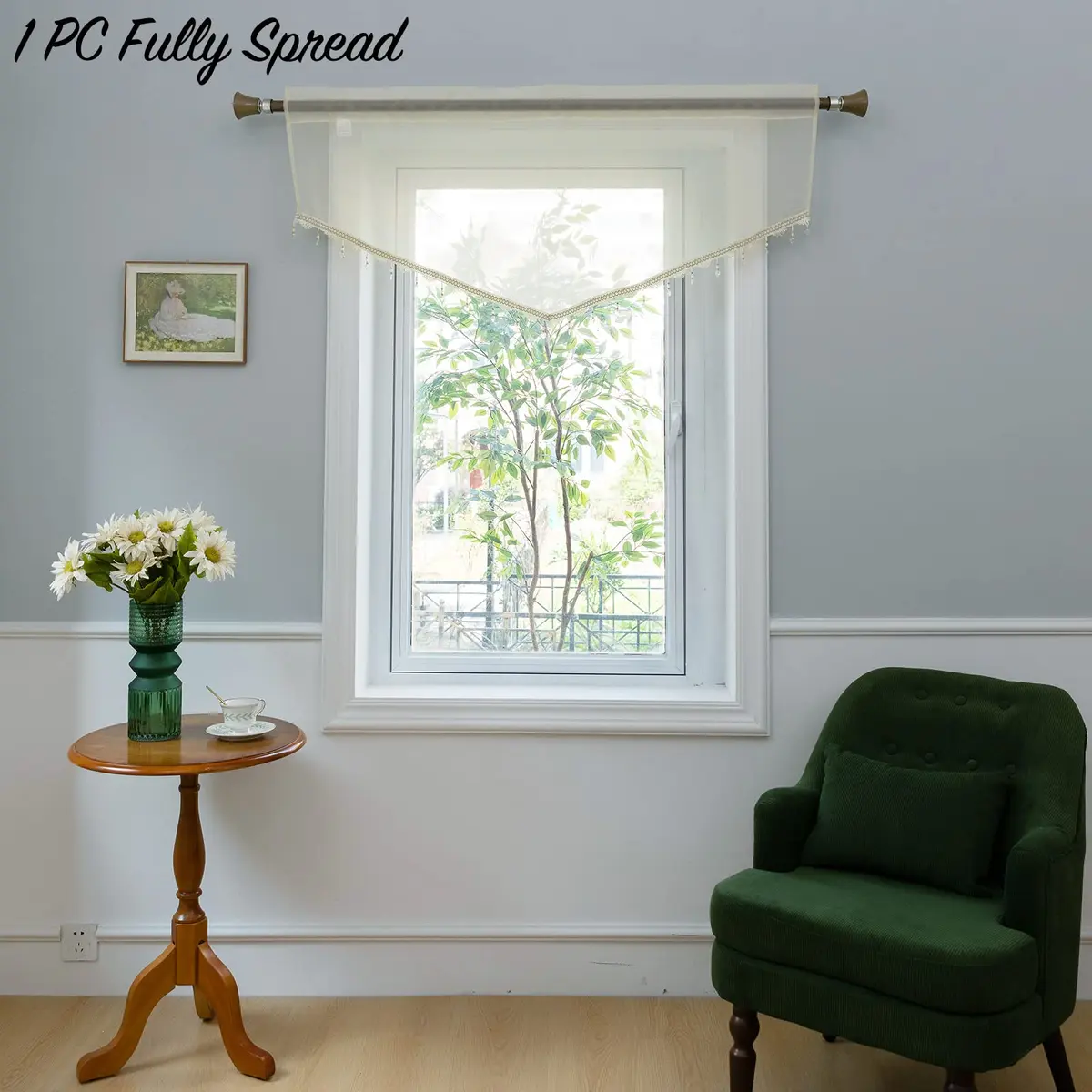 PearAge Beaded Sheer Valance Curtains 51x24 Inches | Bead Trim Tassel Voile Sheer Curtain for Living Room & Bedroom - view 6