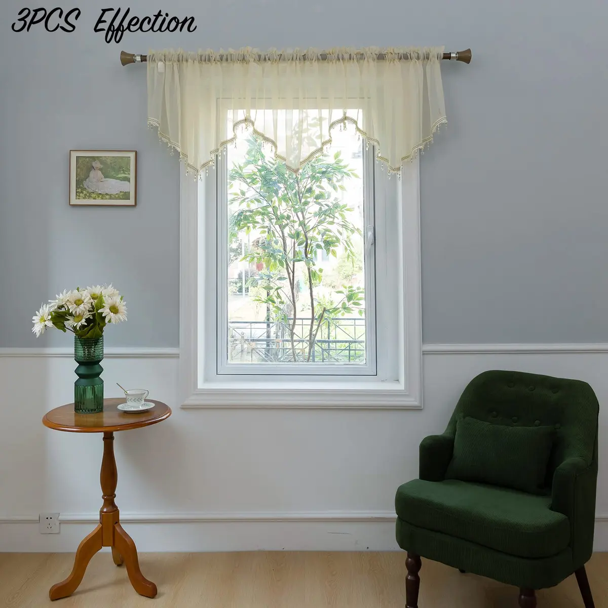 PearAge Beaded Sheer Valance Curtains 51x24 Inches | Bead Trim Tassel Voile Sheer Curtain for Living Room & Bedroom - view 7