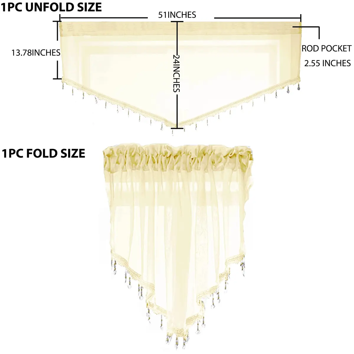 PearAge Beaded Sheer Valance Curtains 51x24 Inches | Bead Trim Tassel Voile Sheer Curtain for Living Room & Bedroom - view 2