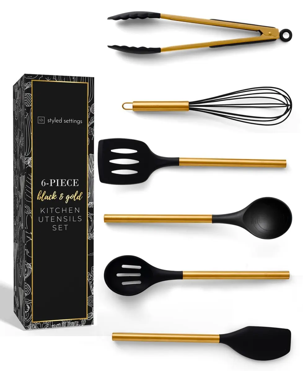 Styled Settings Black and Gold Silicone Utensil Set, 6-Piece | Heat-Resistant Up to 400°F, Nonstick Safe, BPA-Free - main product image