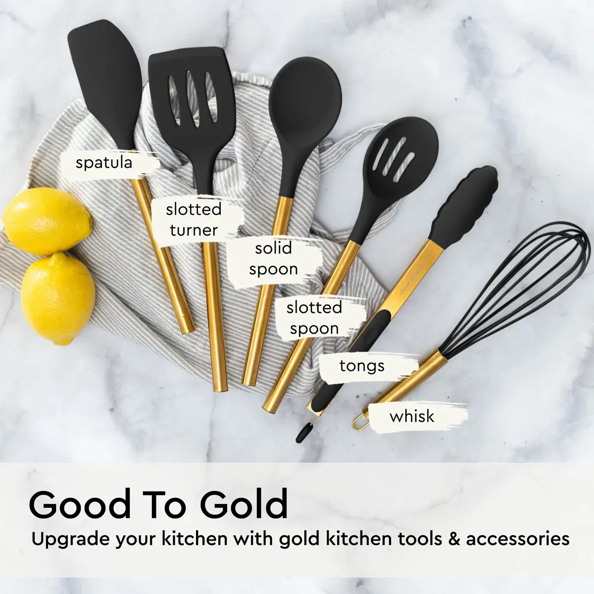 Styled Settings Black and Gold Silicone Utensil Set, 6-Piece | Heat-Resistant Up to 400°F, Nonstick Safe, BPA-Free - view 7