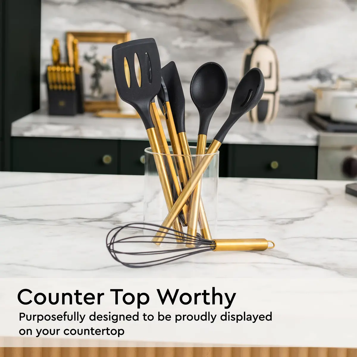 Styled Settings Black and Gold Silicone Utensil Set, 6-Piece | Heat-Resistant Up to 400°F, Nonstick Safe, BPA-Free - view 2