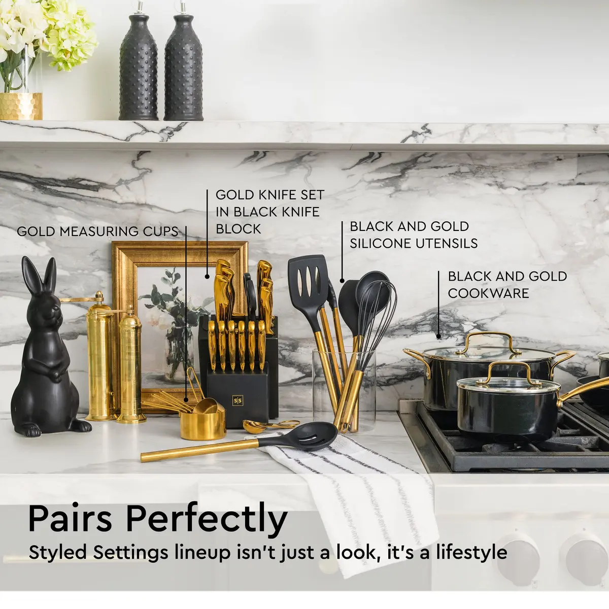 Styled Settings Black and Gold Silicone Utensil Set, 6-Piece | Heat-Resistant Up to 400°F, Nonstick Safe, BPA-Free - view 3