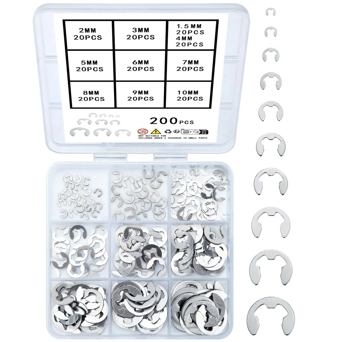 wugongshan Stainless Steel E-Clip Circlip External Retaining Rings Assortment Kit, 200 Pcs (M1.5-M10) | Essential for Shaft & Housing Fixation - main product image