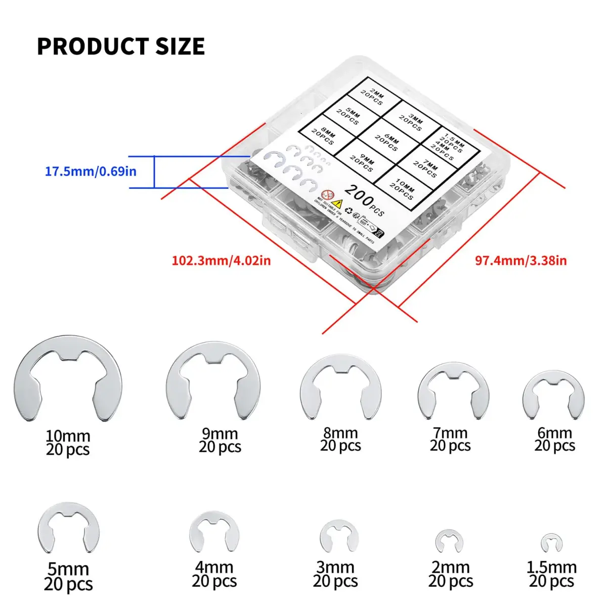 wugongshan Stainless Steel E-Clip Circlip External Retaining Rings Assortment Kit, 200 Pcs (M1.5-M10) | Essential for Shaft & Housing Fixation - view 2