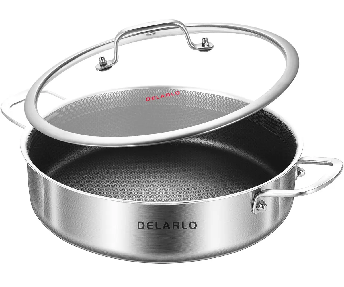 DELARLO 6QT Stainless Steel Saute Pan with Lid | Nonstick Deep Frying Pan for Versatile Cooking - main product image