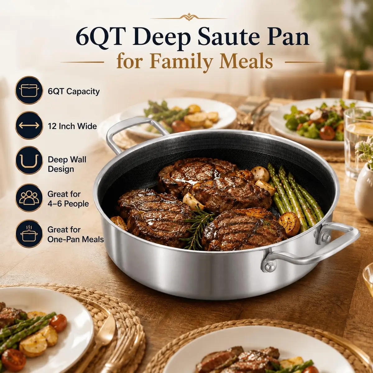 DELARLO 6QT Stainless Steel Saute Pan with Lid | Nonstick Deep Frying Pan for Versatile Cooking - view 5