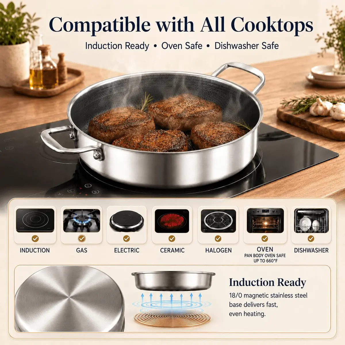DELARLO 6QT Stainless Steel Saute Pan with Lid | Nonstick Deep Frying Pan for Versatile Cooking - view 7