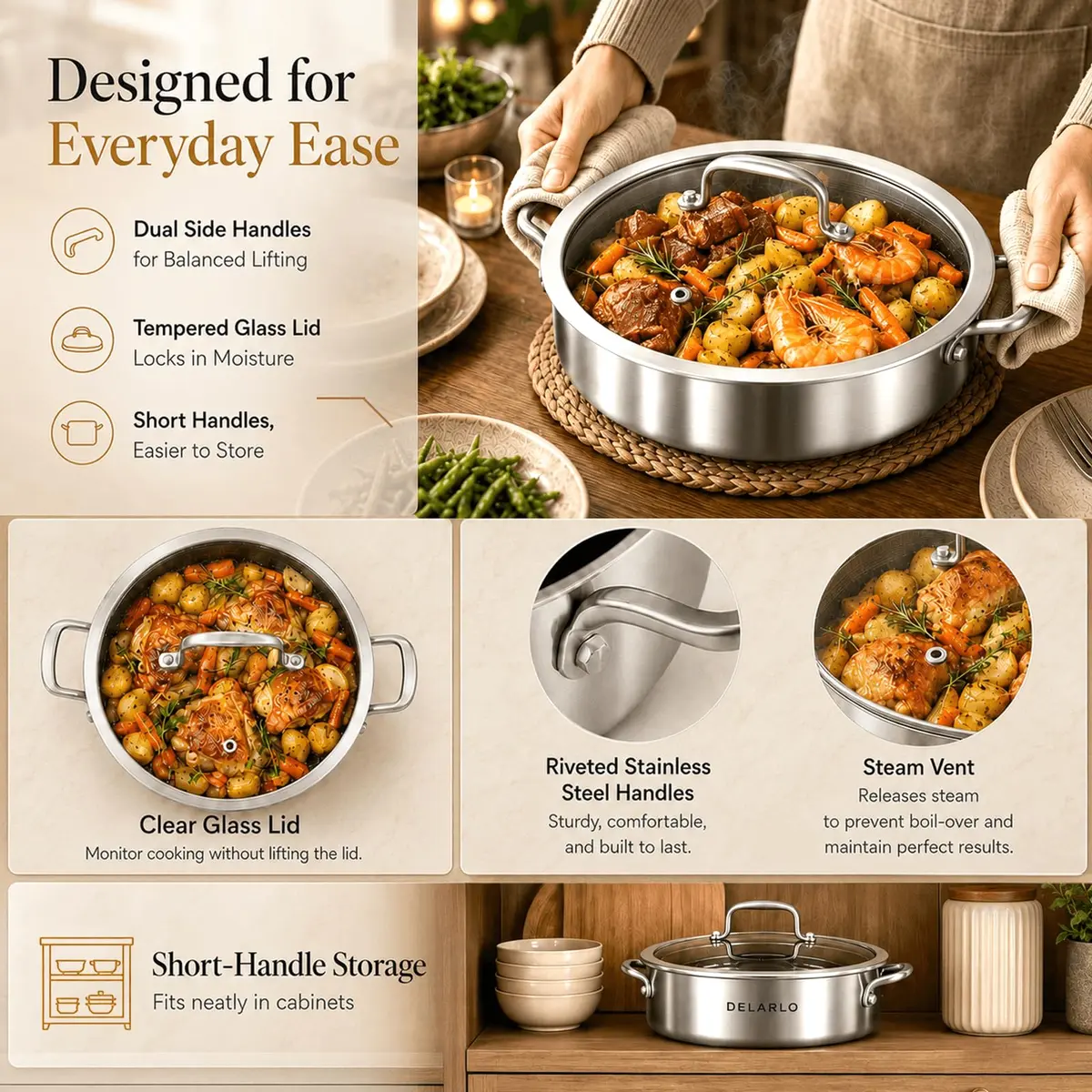 DELARLO 6QT Stainless Steel Saute Pan with Lid | Nonstick Deep Frying Pan for Versatile Cooking - view 8