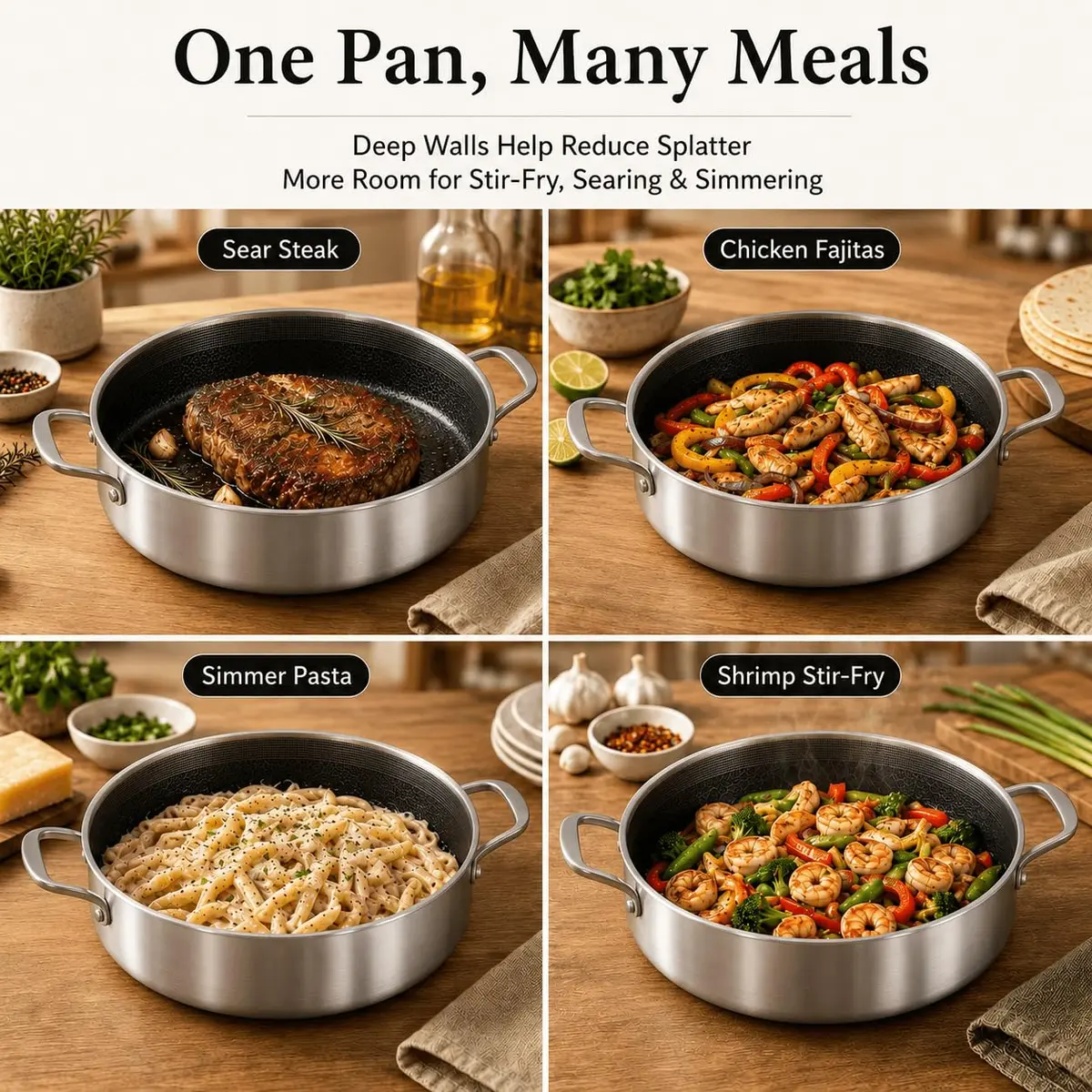 DELARLO 6QT Stainless Steel Saute Pan with Lid | Nonstick Deep Frying Pan for Versatile Cooking - view 9