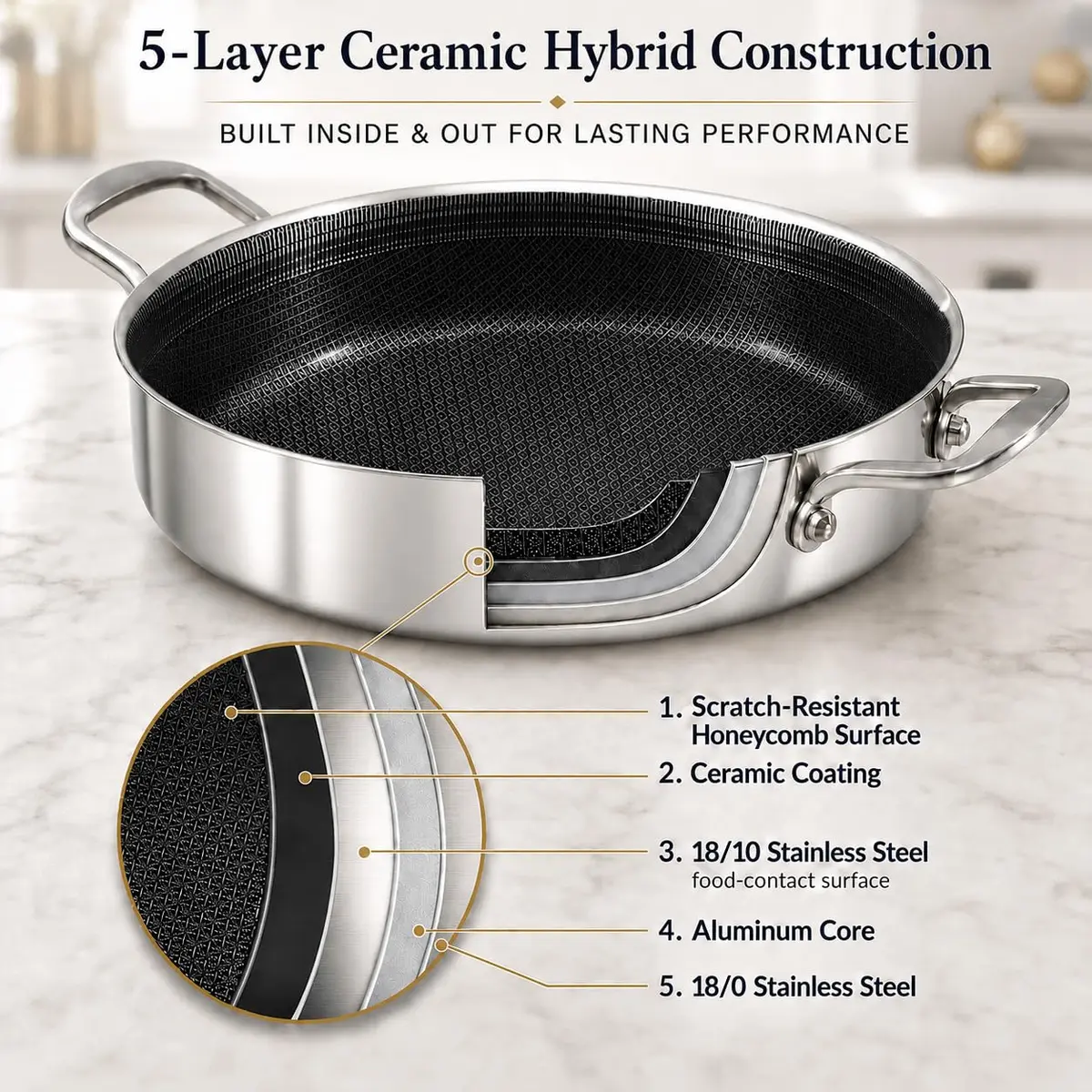 DELARLO 6QT Stainless Steel Saute Pan with Lid | Nonstick Deep Frying Pan for Versatile Cooking - view 2