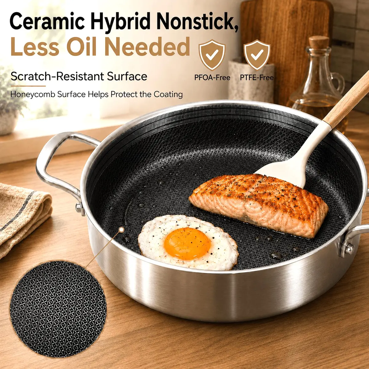 DELARLO 6QT Stainless Steel Saute Pan with Lid | Nonstick Deep Frying Pan for Versatile Cooking - view 3