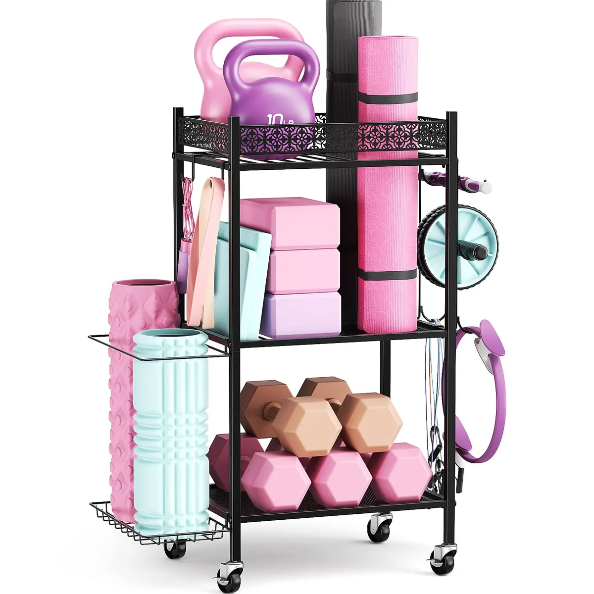 VOPEAK Home Gym Storage Rack, 3-Tier Yoga Mat Storage with Wheels & Hooks | Heavy Duty Metal, 200 lbs Capacity - main product image
