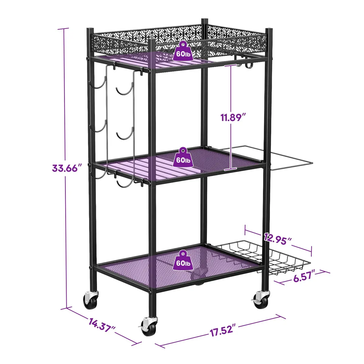 VOPEAK Home Gym Storage Rack, 3-Tier Yoga Mat Storage with Wheels & Hooks | Heavy Duty Metal, 200 lbs Capacity - view 5