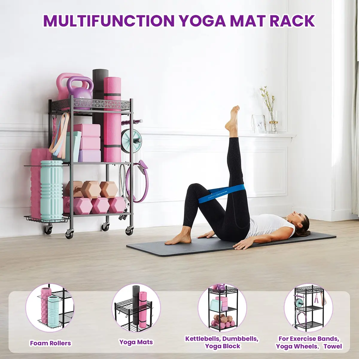 VOPEAK Home Gym Storage Rack, 3-Tier Yoga Mat Storage with Wheels & Hooks | Heavy Duty Metal, 200 lbs Capacity - view 7