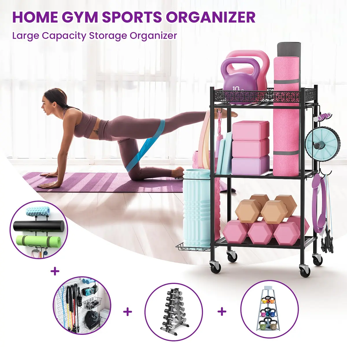 VOPEAK Home Gym Storage Rack, 3-Tier Yoga Mat Storage with Wheels & Hooks | Heavy Duty Metal, 200 lbs Capacity - view 2