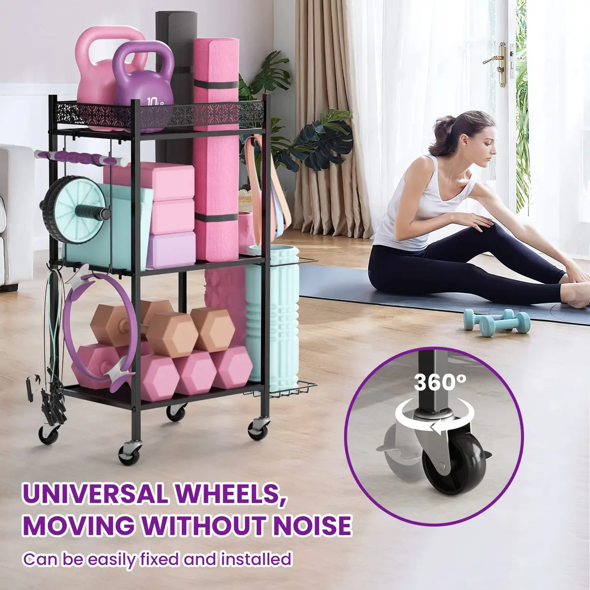 VOPEAK Home Gym Storage Rack, 3-Tier Yoga Mat Storage with Wheels & Hooks | Heavy Duty Metal, 200 lbs Capacity - view 3