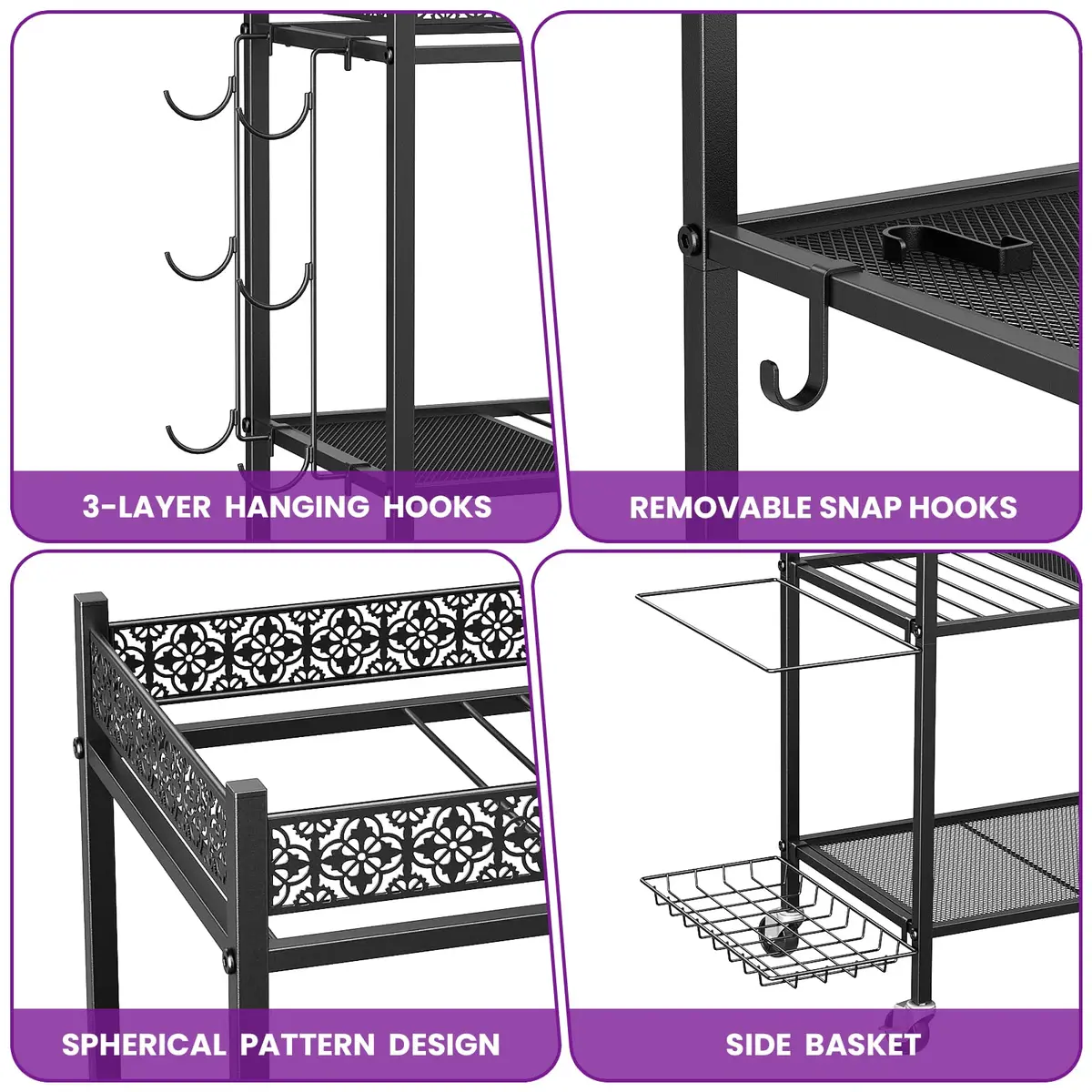 VOPEAK Home Gym Storage Rack, 3-Tier Yoga Mat Storage with Wheels & Hooks | Heavy Duty Metal, 200 lbs Capacity - view 4