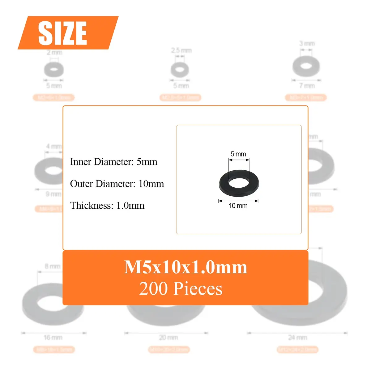 HELIFOUNER M5 Black Nylon Flat Washers | Corrosion-Resistant, 200 Pieces, Inner Diameter 5mm - view 3