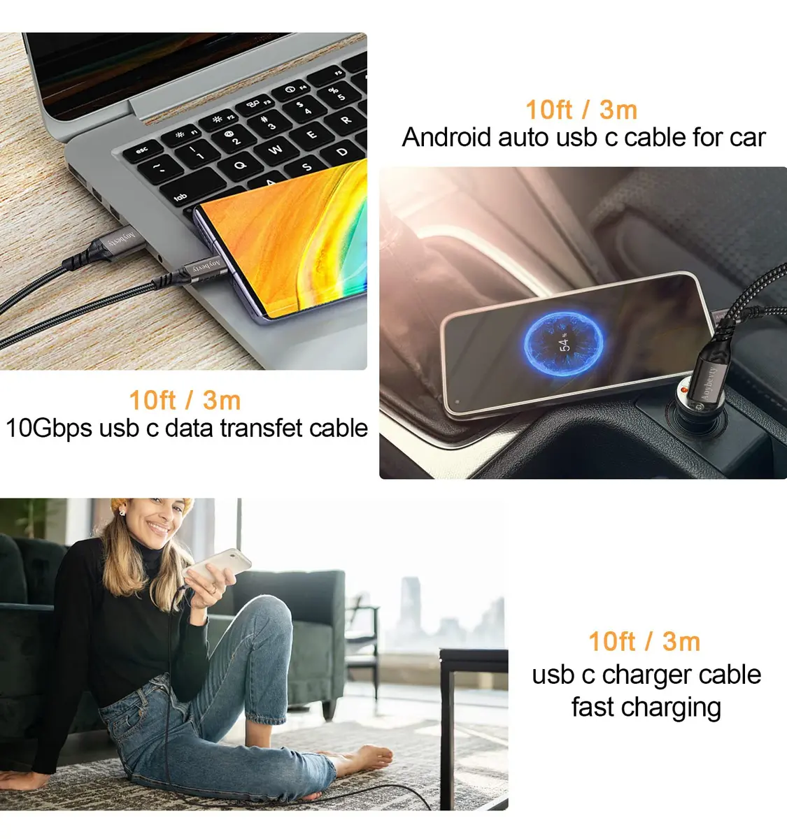 Aoybevty USB-A to USB-C Cable [2-Pack 10ft] | 10Gbps Data Transfer & 60W Fast Charging - view 6