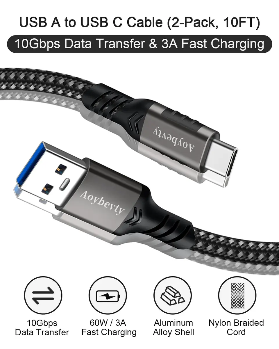 Aoybevty USB-A to USB-C Cable [2-Pack 10ft] | 10Gbps Data Transfer & 60W Fast Charging - view 2