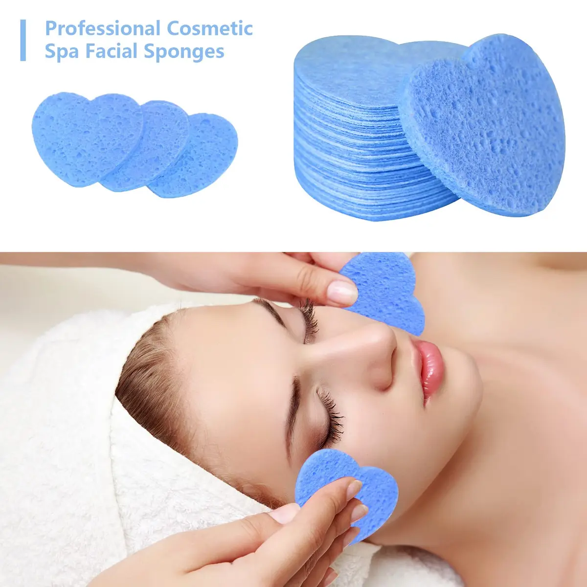 Spunspon 50-Count Natural Cellulose Facial Sponges | Heart Shape, Blue - view 5