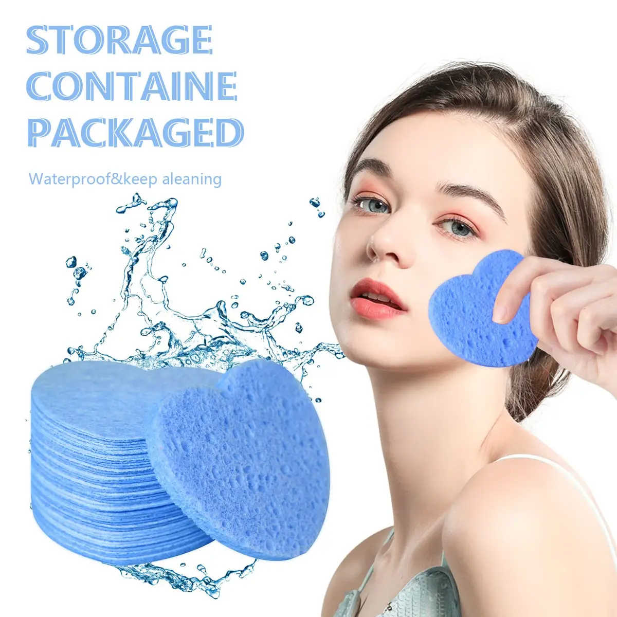 Spunspon 50-Count Natural Cellulose Facial Sponges | Heart Shape, Blue - view 3