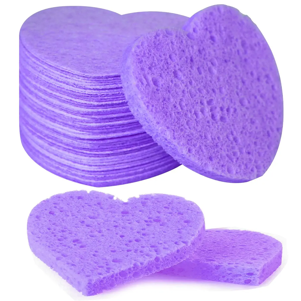 Spunspon Facial Sponges 50-Count Heart Shape | Natural Cellulose Exfoliating & Makeup Removal (70-120 chars) - main product image