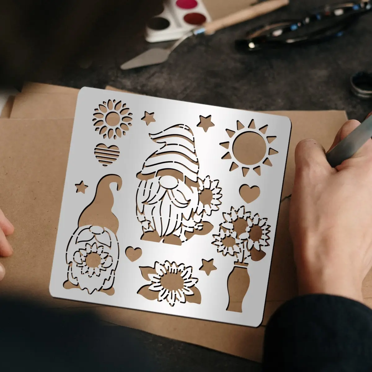 INFUNLY Sunflower Gnome Metal Stencil 15.6cm (6.15") | Christmas Gnome & Sunflower Designs for DIY Art - view 3