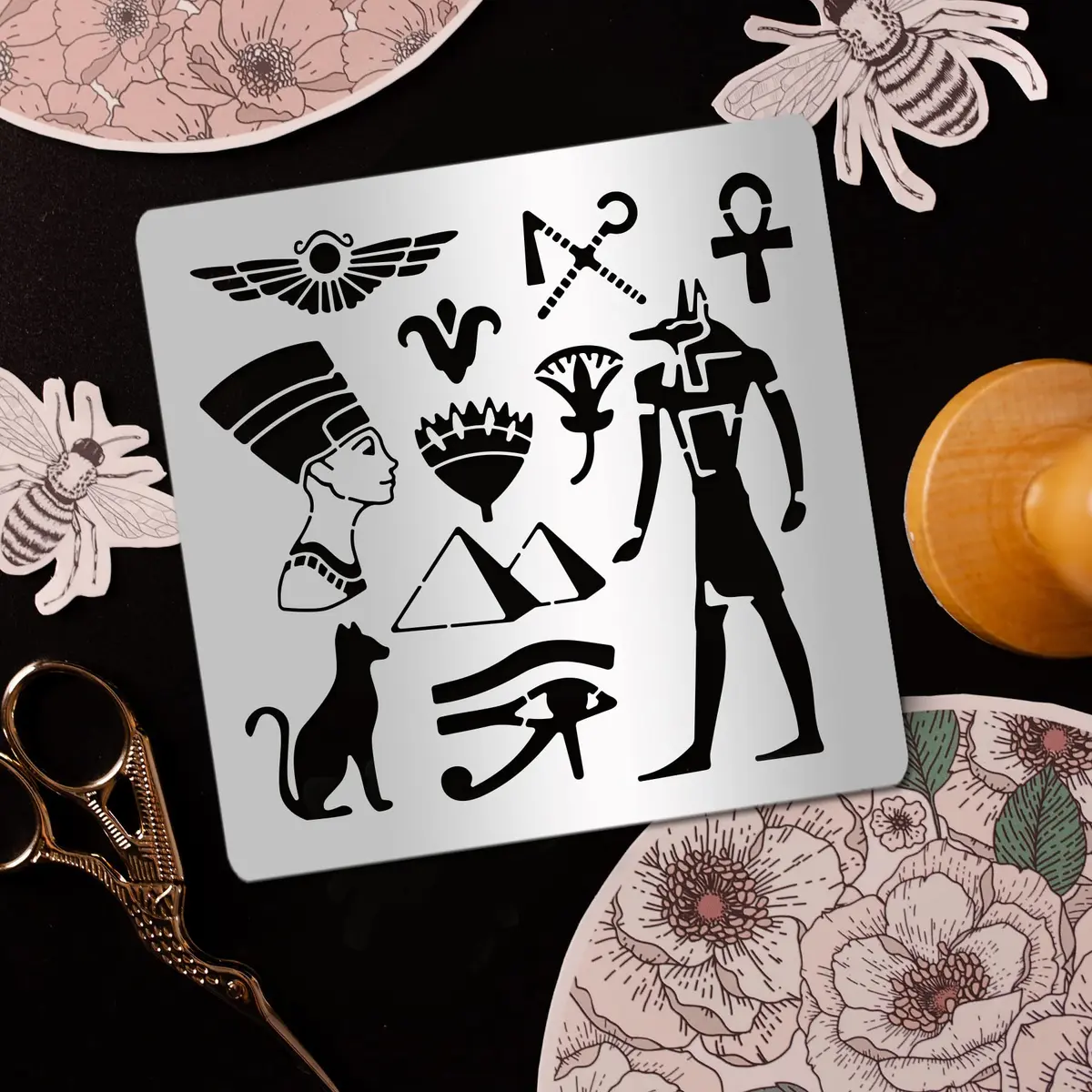 INFUNLY Egyptian Metal Journal Stencil 6.5" Animal Pattern Hieroglyphics Stencils | Reusable Stainless Steel Template for Art Crafts - view 3