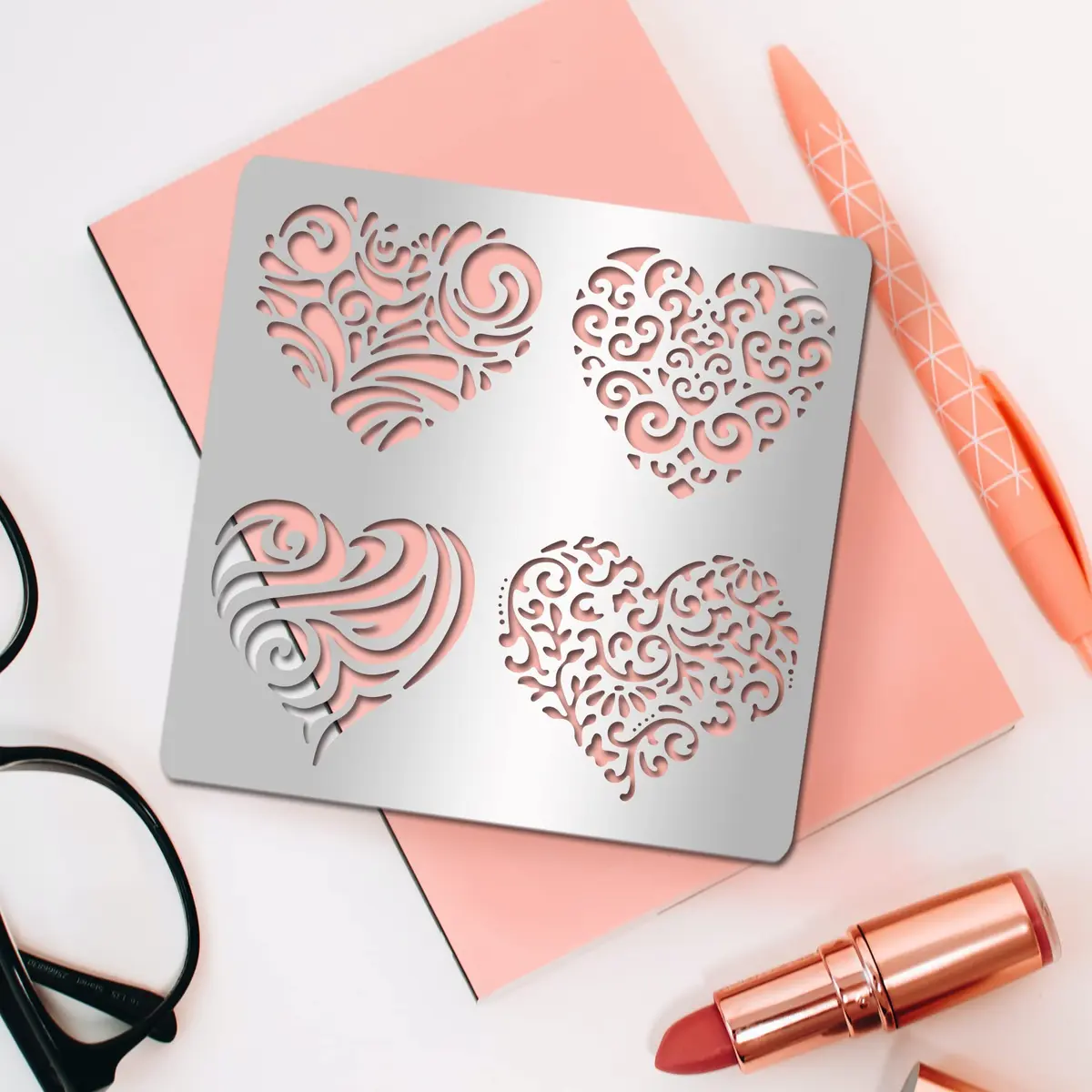 INFUNLY Heart Metal Stencil 15.6cm (6.15") | Reusable Love Heart Flower Painting Template - view 7