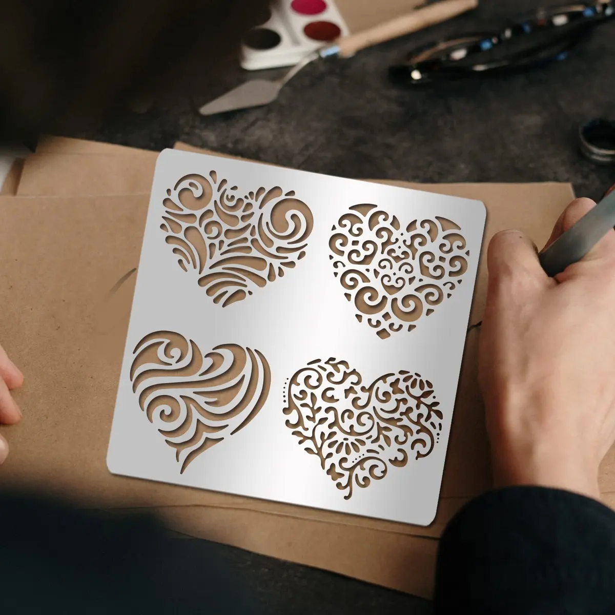 INFUNLY Heart Metal Stencil 15.6cm (6.15") | Reusable Love Heart Flower Painting Template - view 3