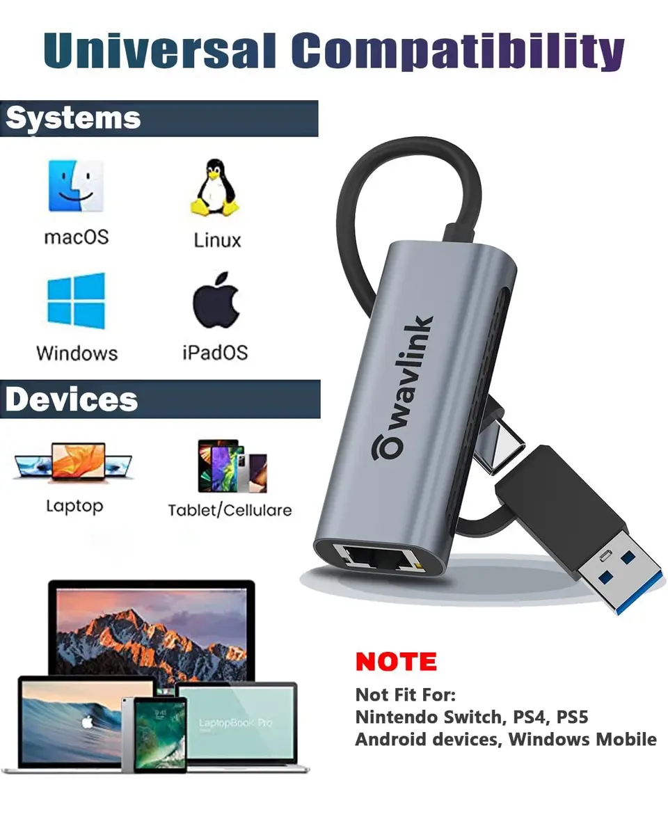 WAVLINK USB C to Ethernet Adapter 2.5 Gbps, USB to RJ45 Converter | Hybrid 2-in-1 Network Adapter for Laptops - view 6