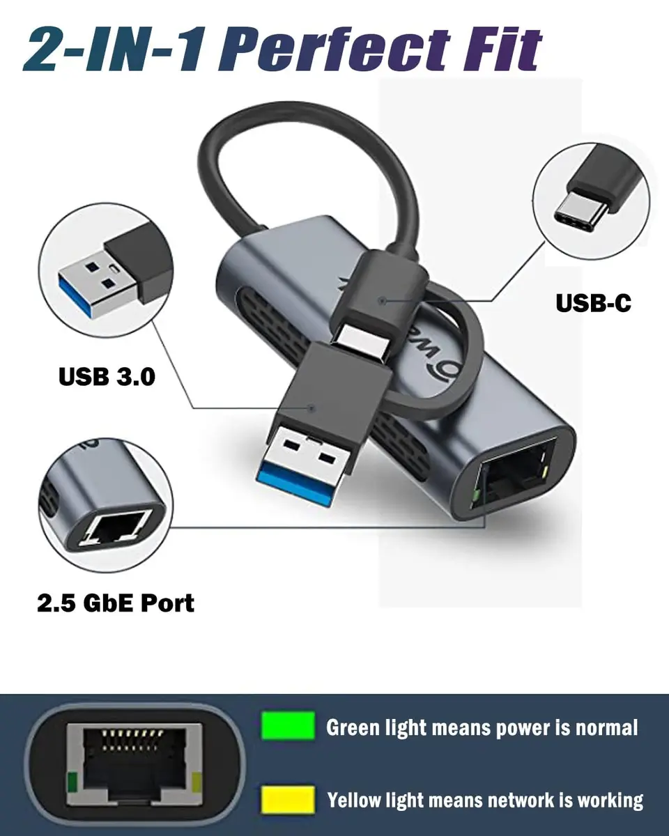 WAVLINK USB C to Ethernet Adapter 2.5 Gbps, USB to RJ45 Converter | Hybrid 2-in-1 Network Adapter for Laptops - view 2