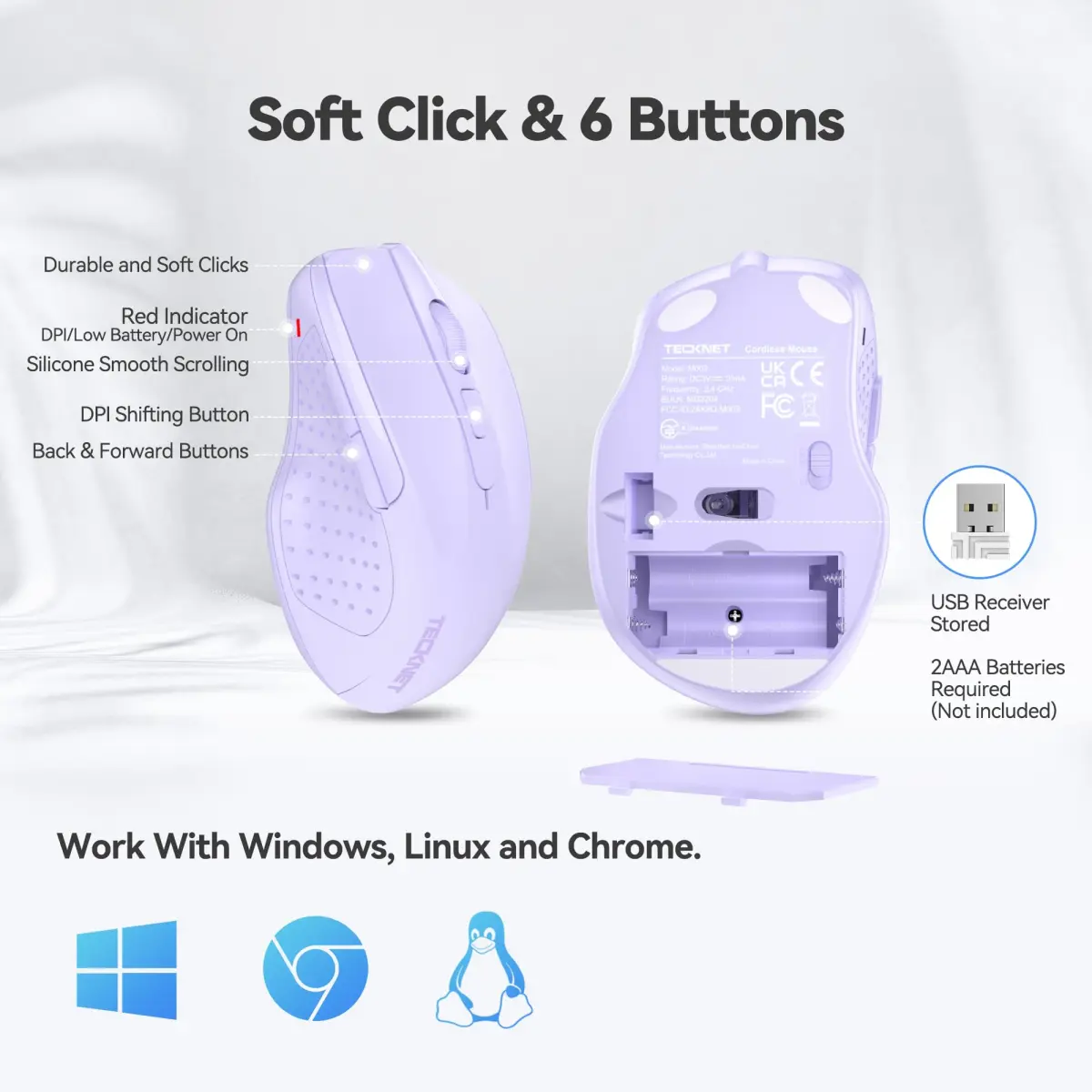 TECKNET M003 Wireless Mouse - Lavender, 2.4G Ergonomic Computer Mouse with 2600 DPI for Right-Handed Use - view 4