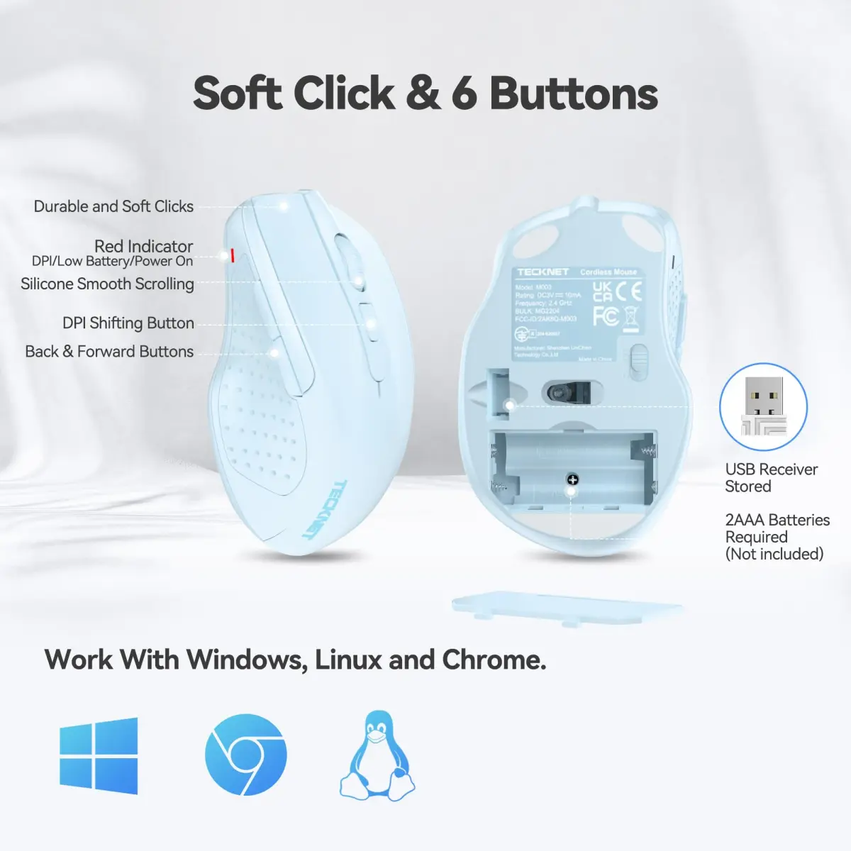 TECKNET Wireless Mouse M003, Lightblue, 2.4G Ergonomic Computer Mouse with 2600 DPI | Right-Handed Use - view 7