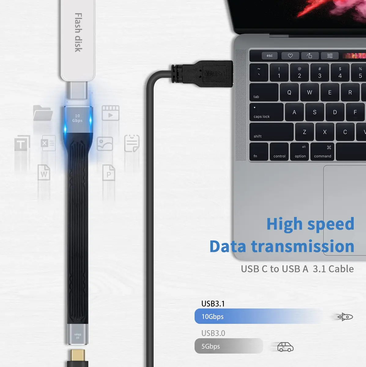 Poyiccot USB C Female to USB A Female Adapter 13cm (4.3 inches) | 10Gbps Data Transfer Flat Cable - view 2