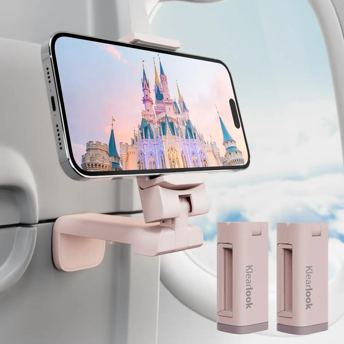 Klearlook Universal Airplane Phone Holder 2 Pack Pink | Rotatable Mount for Tray Table & Desk, Hands-Free Adjustable Stand - main product image