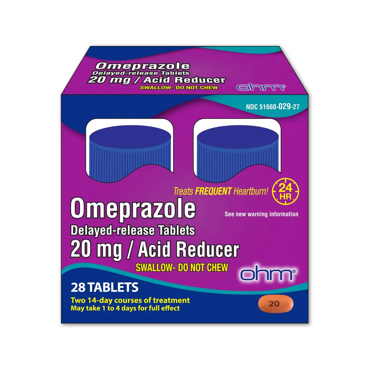 Ohm Omeprazole 20mg Delayed-Release Tablets | Long-Lasting Acid Reducer for Frequent Heartburn (4 Weeks Supply, 28 Tablets) - main product image