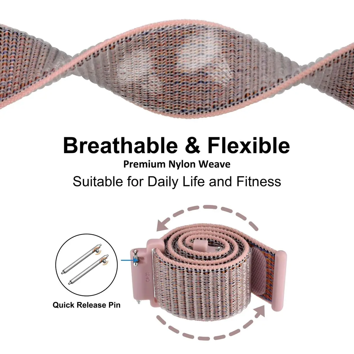 WOCCI 16mm Adjustable Nylon Watch Band, Quick Release Sport Loop Strap (Sand Pink) | Durable, Soft & Washable - view 3