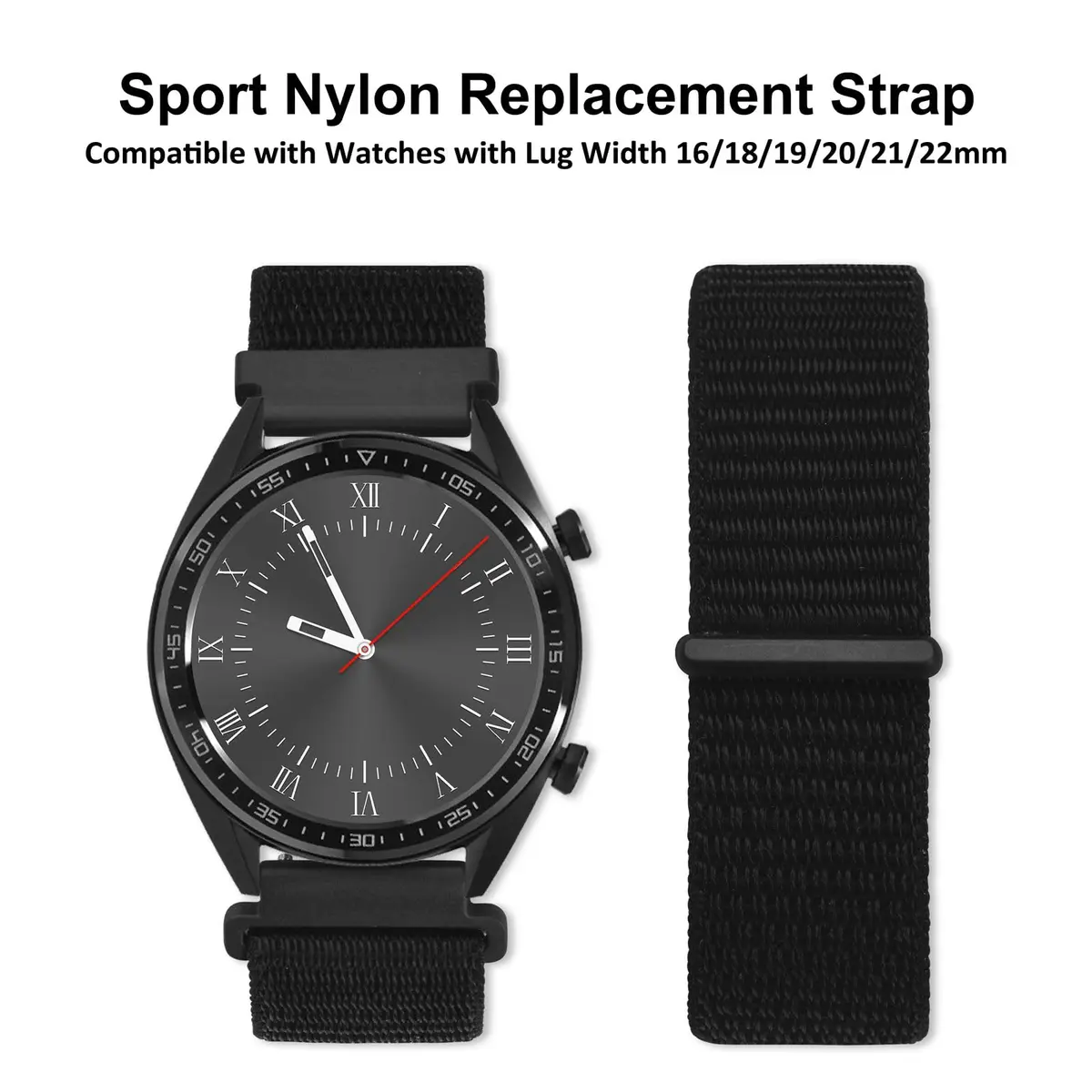 WOCCI 16mm Adjustable Nylon Watch Band | Quick Release Sport Loop Strap (Black) - view 8