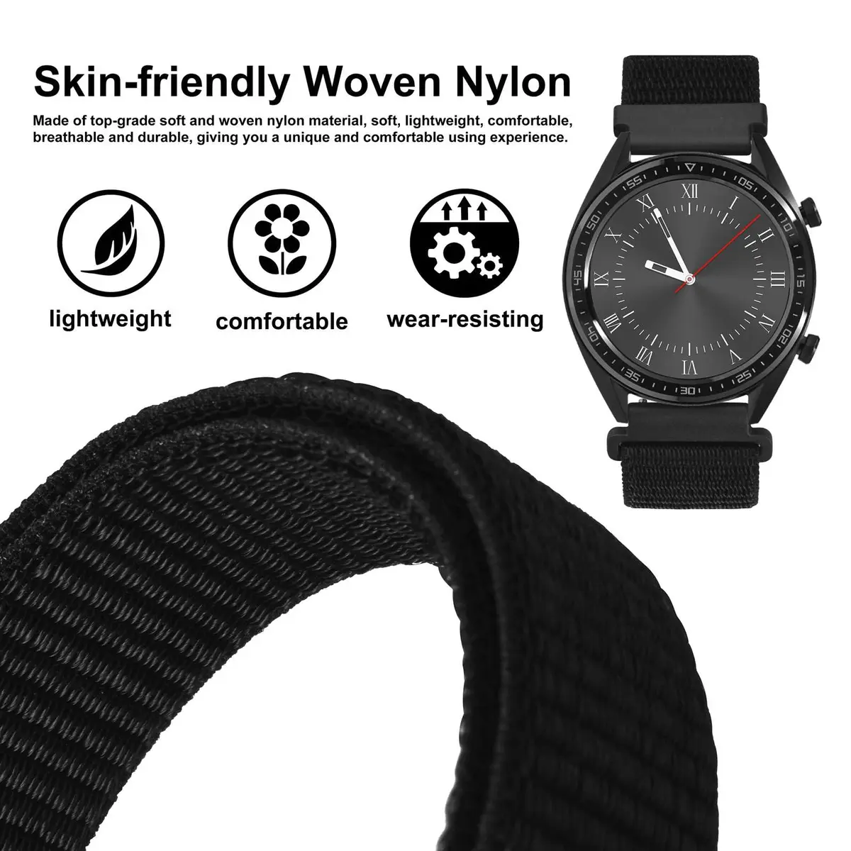 WOCCI 16mm Adjustable Nylon Watch Band | Quick Release Sport Loop Strap (Black) - view 2