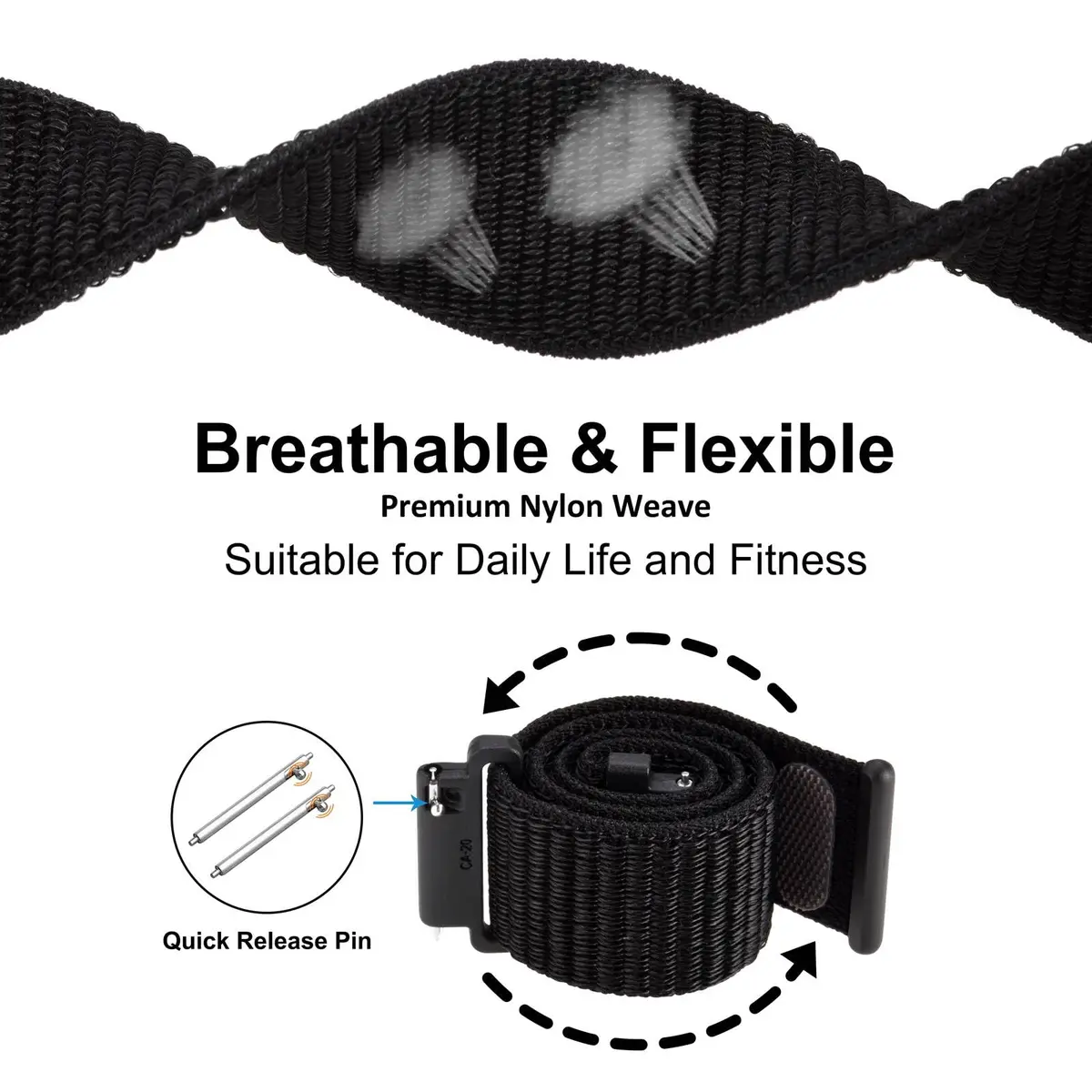 WOCCI 16mm Adjustable Nylon Watch Band | Quick Release Sport Loop Strap (Black) - view 3