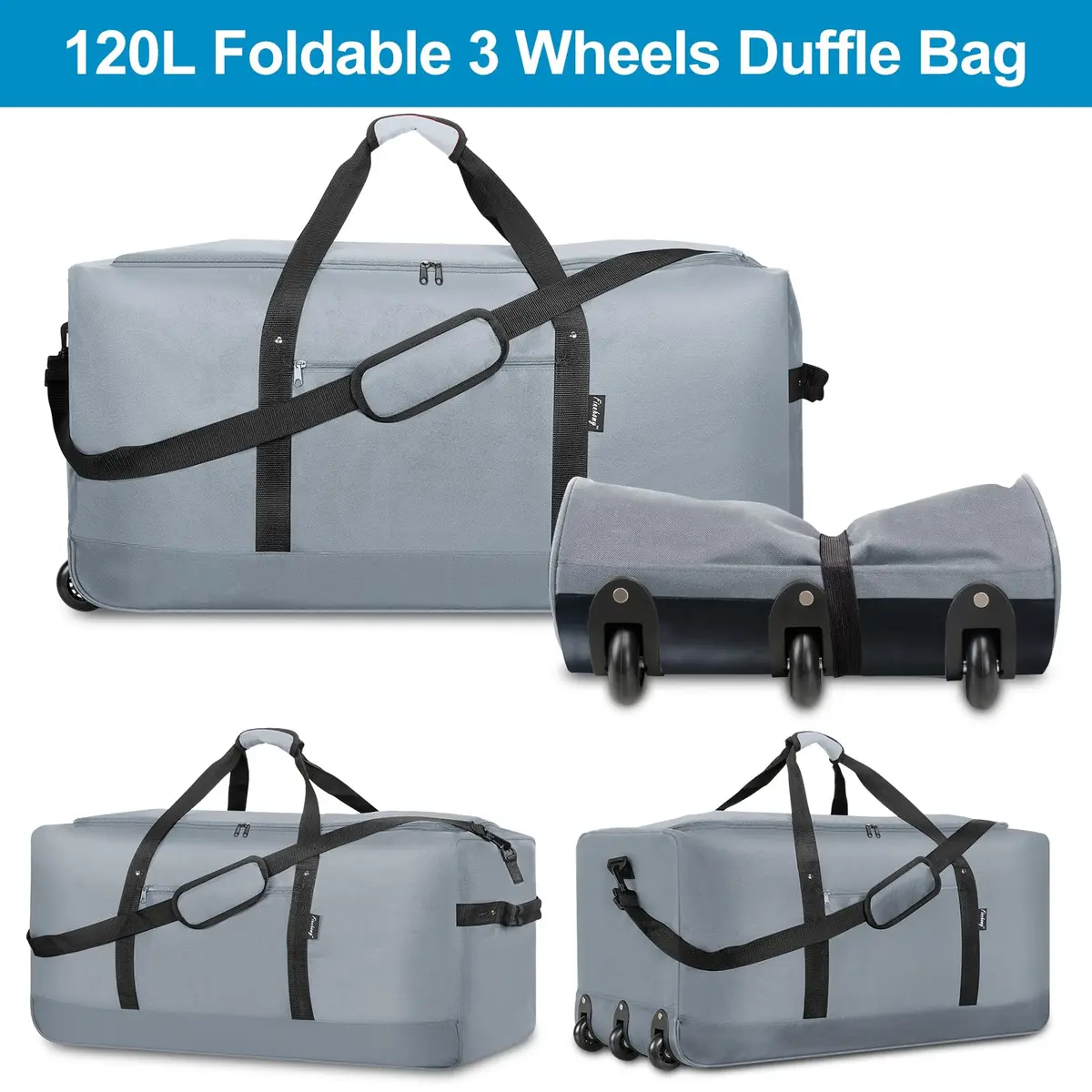 Finnhomy 120L Foldable Rolling Duffel Bag with 3 Wheels | Large Capacity, Lightweight Travel Bag (Grey) - view 3