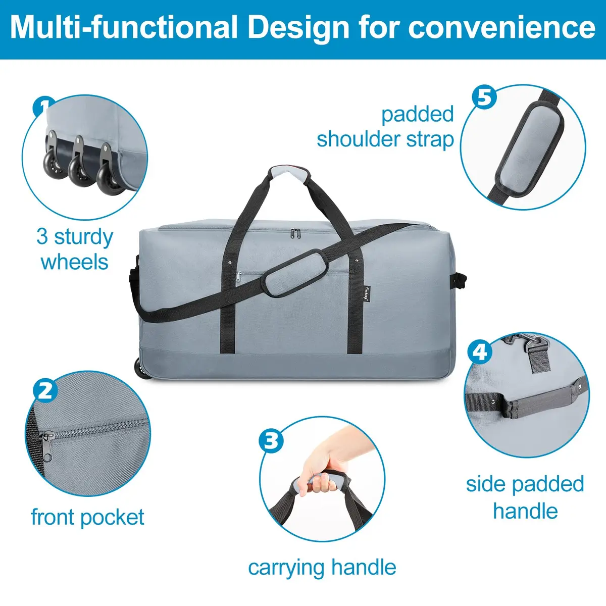 Finnhomy 120L Foldable Rolling Duffel Bag with 3 Wheels | Large Capacity, Lightweight Travel Bag (Grey) - view 4